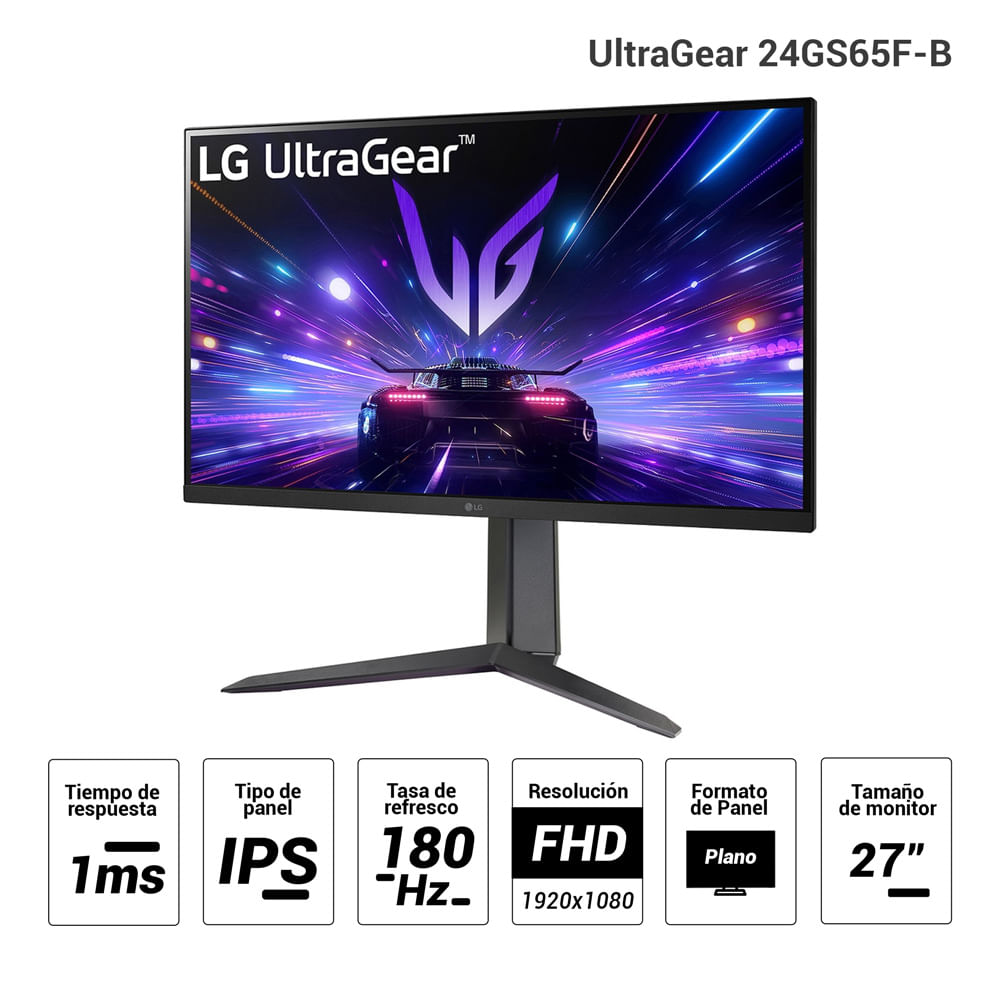 Imagen 2 del producto Monitor gamer LG 27"" UltraGear 27GS65F-B plano, Panel IPS, FHD (1920x1080), 180Hz, 1ms, entradas HDMI/DisplayPort, G Sync, AMD FreeSync