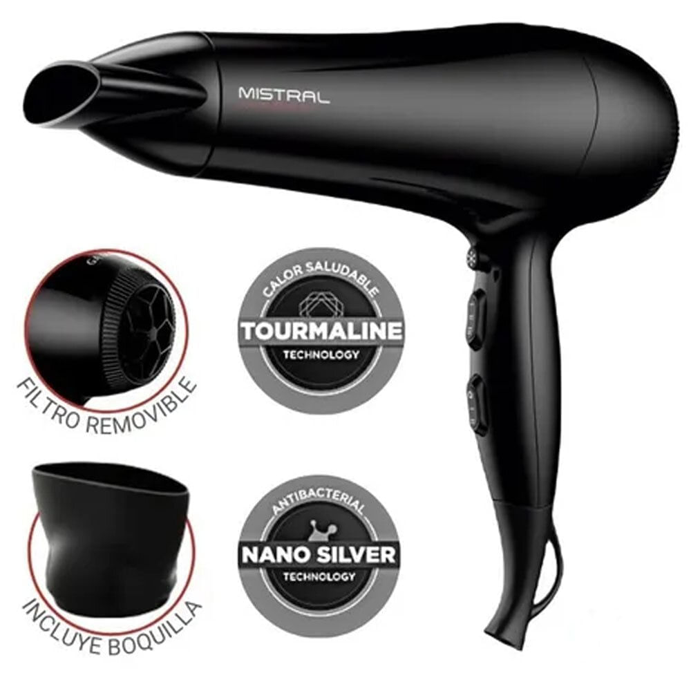 Imagen 2 del producto Secadora de cabello Mistral Ceramic Ion Tourmaline, 2200W, tecnología Ceramic y Nano Silver, anti-frizz, filtro removible