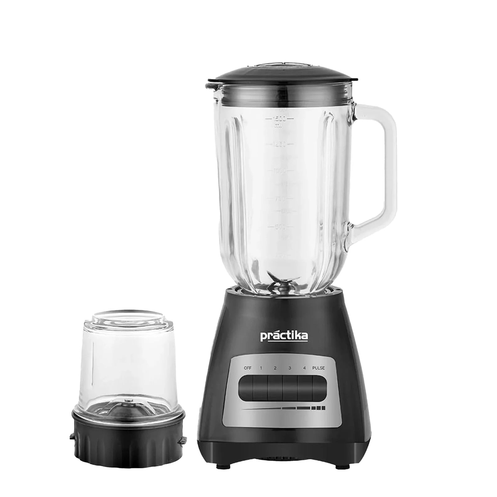 Licuadora Practika BLW-450 con vaso de vidrio 1.5L, 450W de potencia, molinillo adicional, cuchillas de acero inoxidable, 4 velocidades
