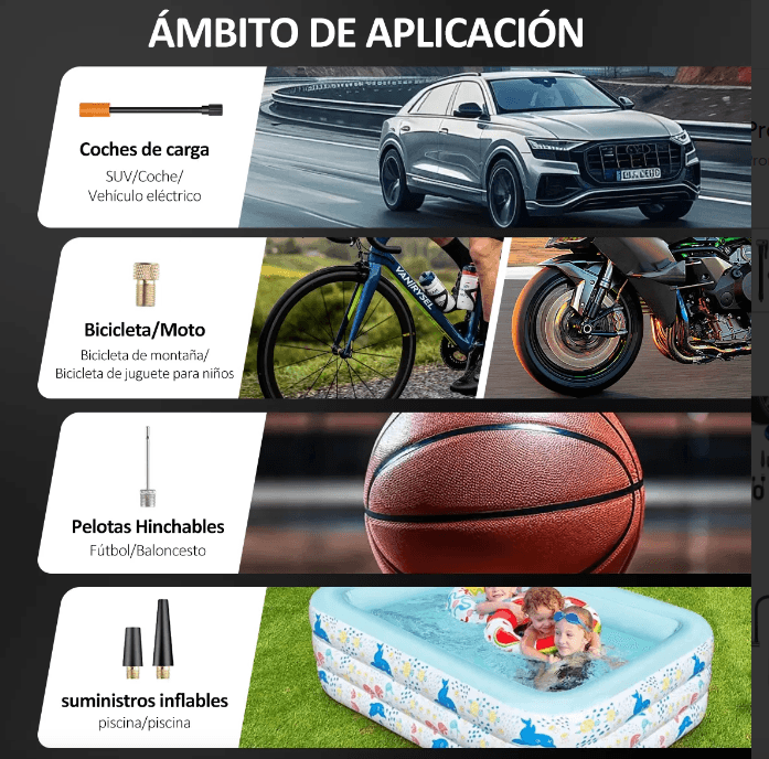 Imagen 2 del producto Inflador de llantas portátil inteligente 150 PSI, batería recargable, modos digitales y luz LED, negro