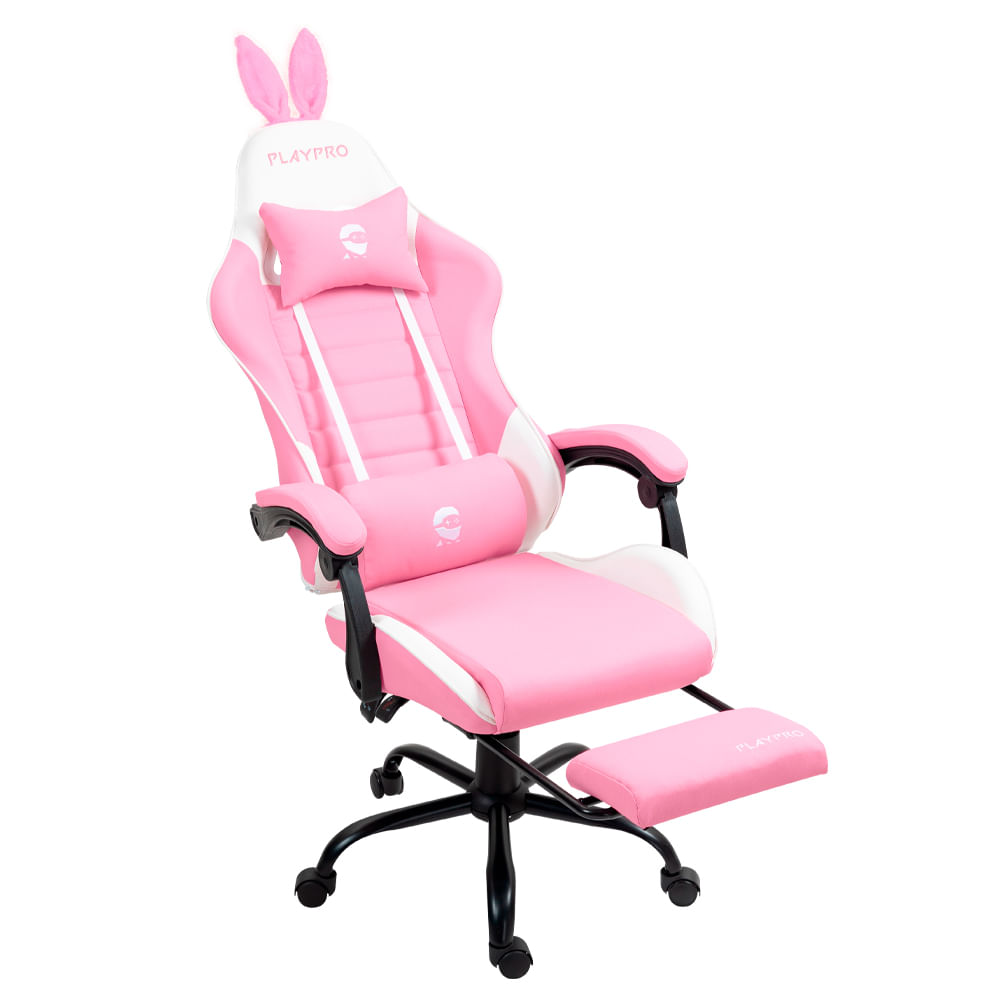 Silla Gamer Playpro Bunny, masajeador lumbar, reclinable 155°, base de metal, altura ajustable, rosado