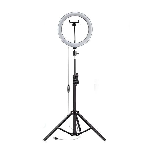 Aro de luz LED 36cm RGB multicolor, trípode 2.10m, luz blanca, cálida y natural, conexión USB