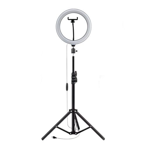 Aro de luz LED 33cm con 3 tonos + trípode de 2.10m, portátil, USB, con clip para celular, control de brillo