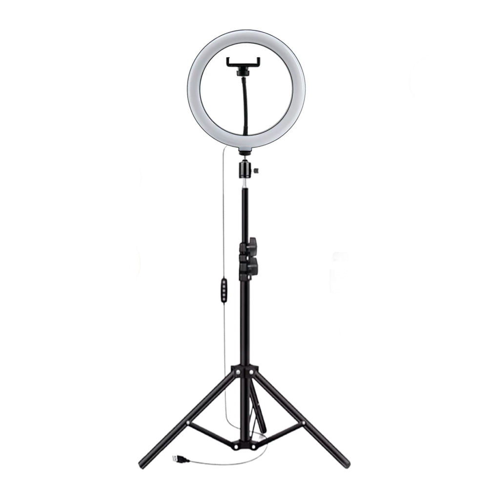 Imagen 1 del producto Aro de luz LED 33cm con 3 tonos + trípode de 2.10m, portátil, USB, con clip para celular, control de brillo