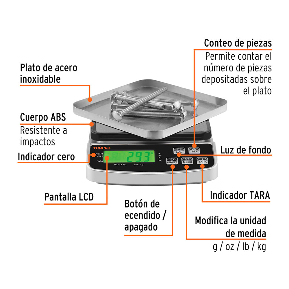 Imagen 2 del producto Balanza digital Truper BASE-3, 3Kg, recargable, plato acero inoxidable, función TARA, blanco