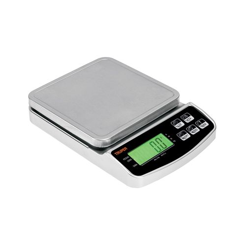 Balanza digital Truper BASE-3, 3Kg, recargable, plato acero inoxidable, función TARA, blanco