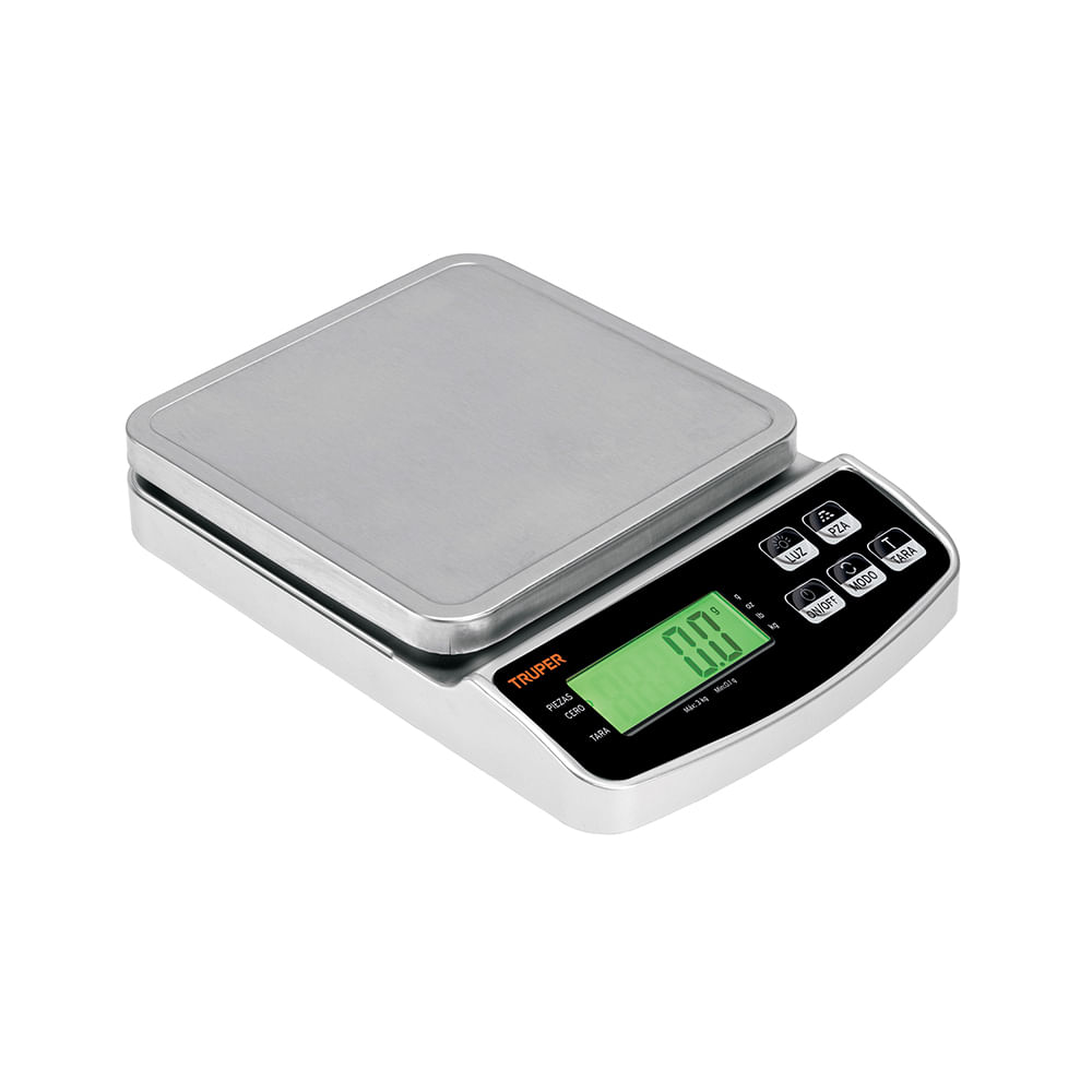 Imagen 1 del producto Balanza digital Truper BASE-3, 3Kg, recargable, plato acero inoxidable, función TARA, blanco