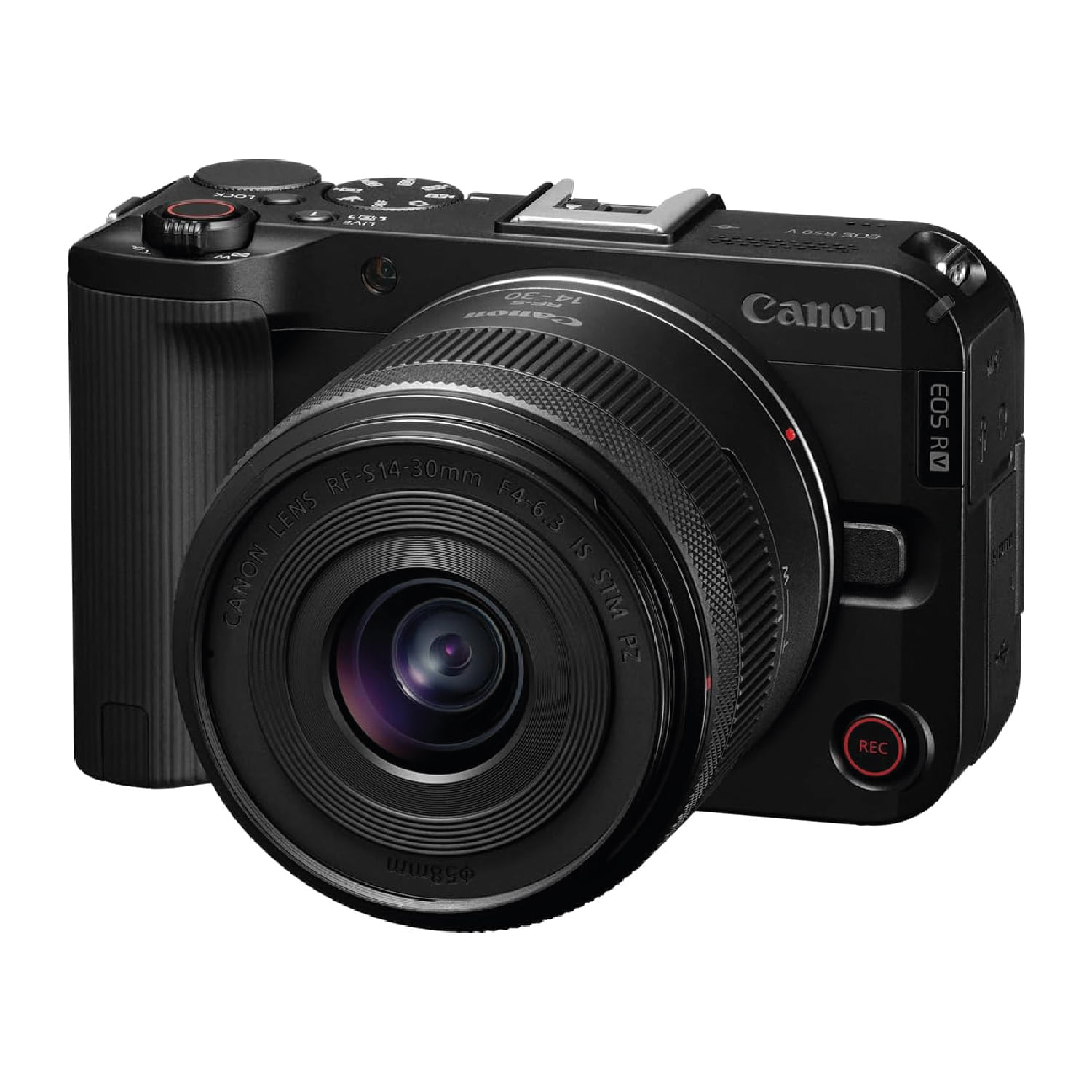 Cámara Canon EOS R50V mirrorless con lente 14-30mm, sensor APS-C de 24.2MP, video 4K, pantalla abatible