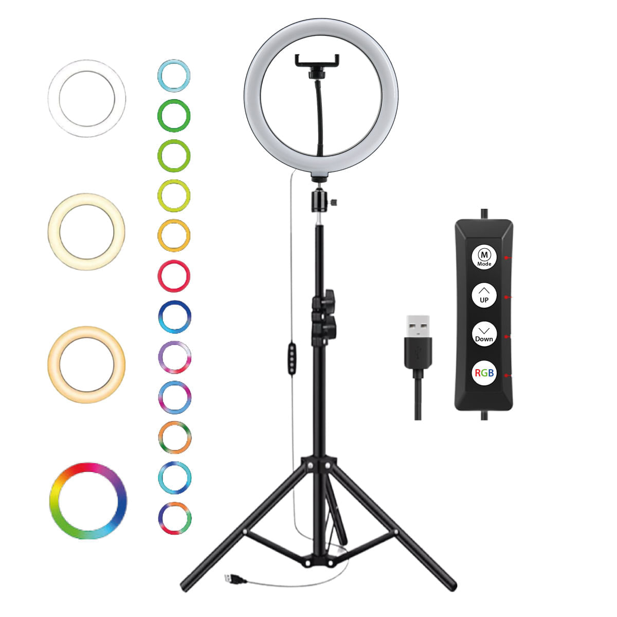 Imagen 2 del producto Aro de luz LED RGB multicolor de 26 cm, trípode de 2.10 m, tonos cálidos y fríos, negro