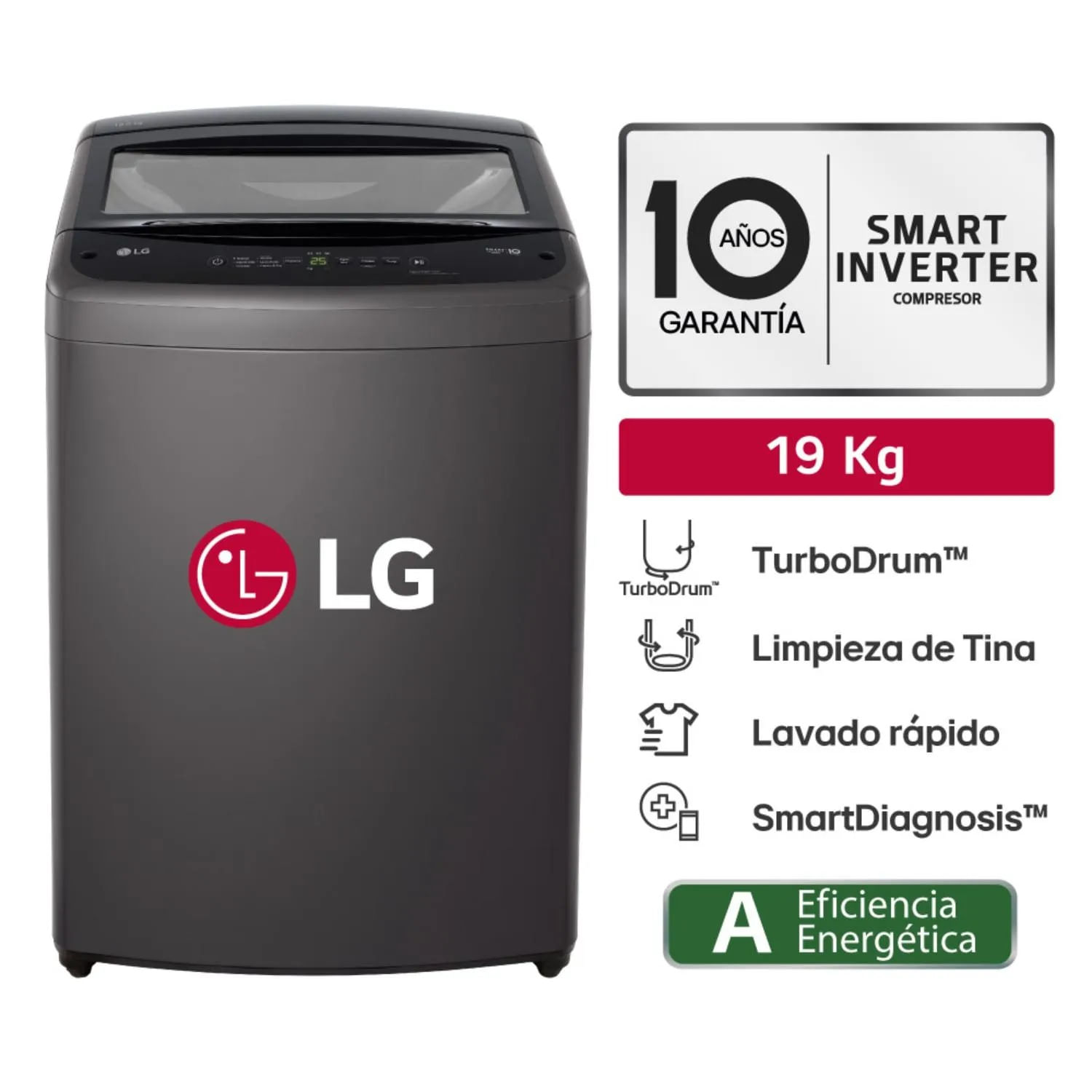 Imagen 2 del producto Lavadora LG WT19BVTB 19kg carga superior, tecnología Smart Inverter, TurboDrum™, 8 programas de lavado
