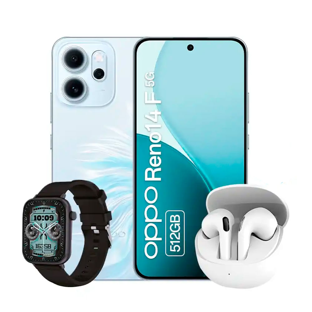 Celular OPPO Reno 14F 5G 512GB, 12GB RAM, cámara trasera 50MP y frontal 32MP, AMOLED 6.57", azul ópalo + TWS blanco + SmartWatch negro