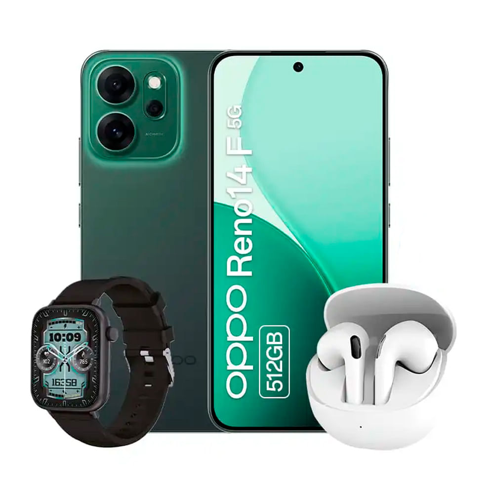 Celular OPPO Reno 14F 5G 512GB, 12GB RAM, cámara trasera 50MP y frontal 32MP, AMOLED 6.57", verde + TWS blanco + SmartWatch negro