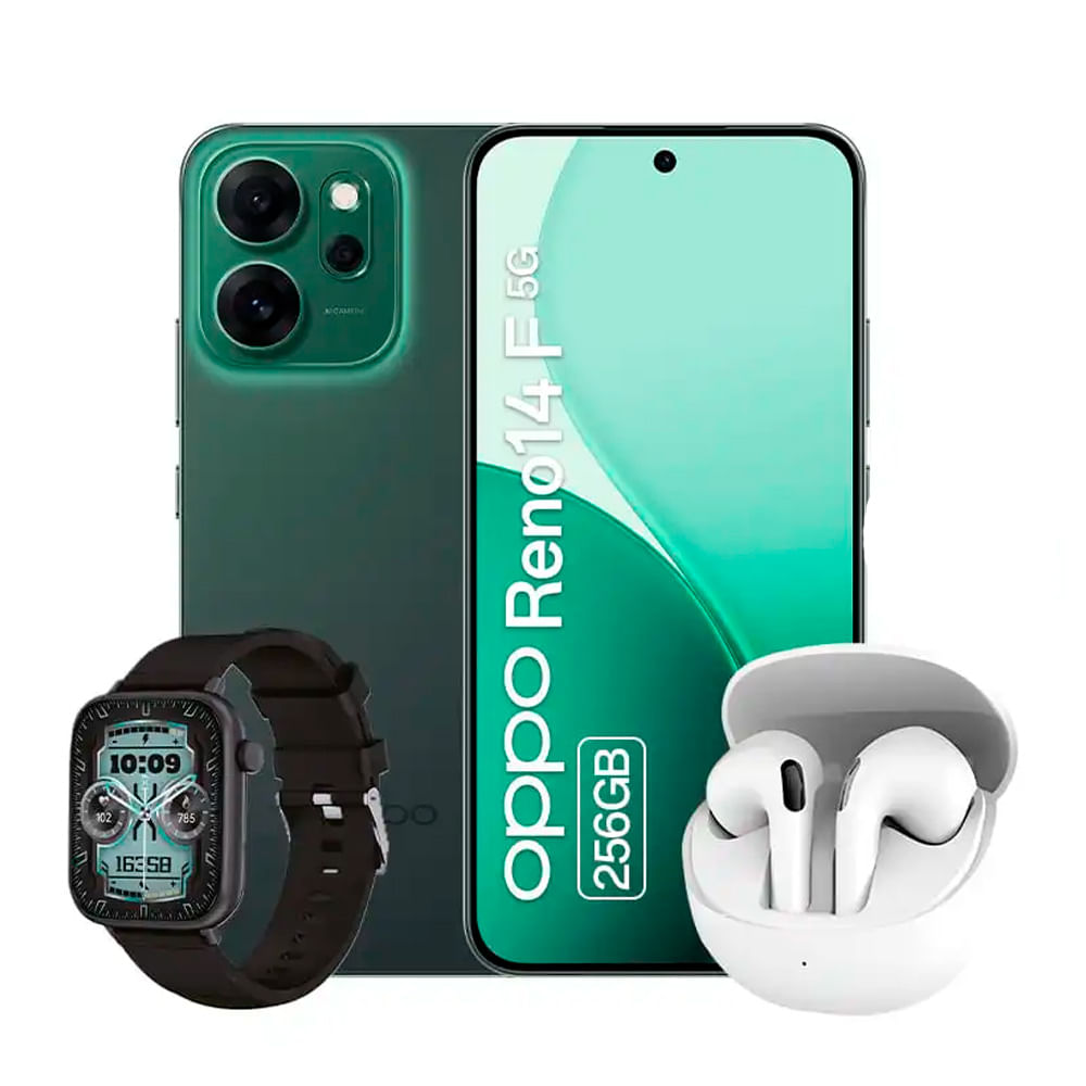 Celular OPPO Reno 14F 5G 256GB, 12GB RAM, cámara trasera 50MP y frontal 32MP, AMOLED 6.57", verde + TWS blanco, SmartWatch negro