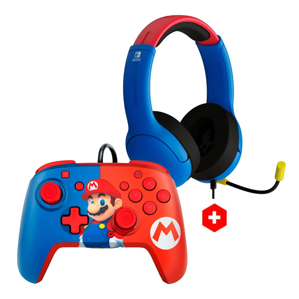 Mando Nintendo Switch Mario con audífonos y micrófono PDP, compatible Switch OLED y Lite