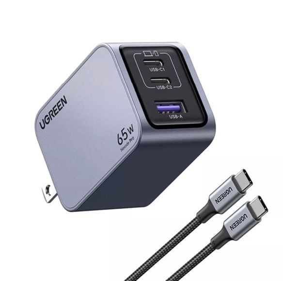 Cargador Ugreen Nexode Pro 65W original, 2 puertos USB-C y 1 USB-A, carga rápida inteligente 3 en 1
