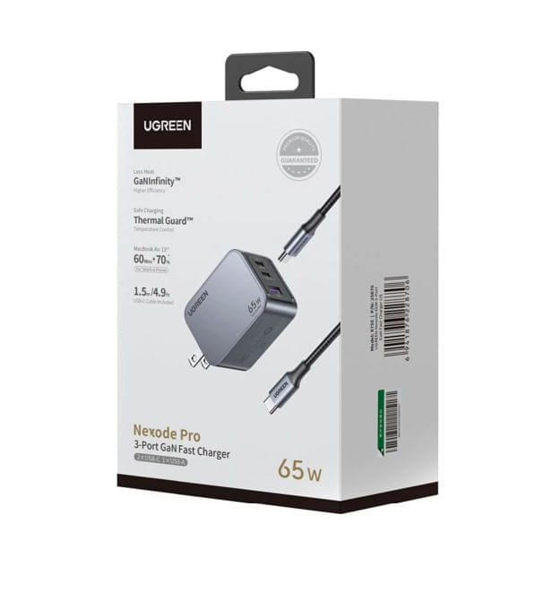 Imagen 2 del producto Cargador Ugreen Nexode Pro 65W original, 2 puertos USB-C y 1 USB-A, carga rápida inteligente 3 en 1