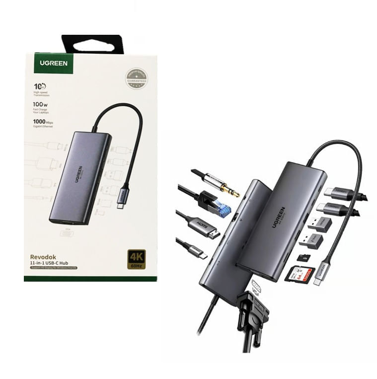 Imagen 2 del producto Adaptador UGREEN USB-C 11 puertos 2 USB-A, 3 USB-C, SD, Micro SD, HDMI 4K, VGA, RJ45 y Jack 3.5 mm