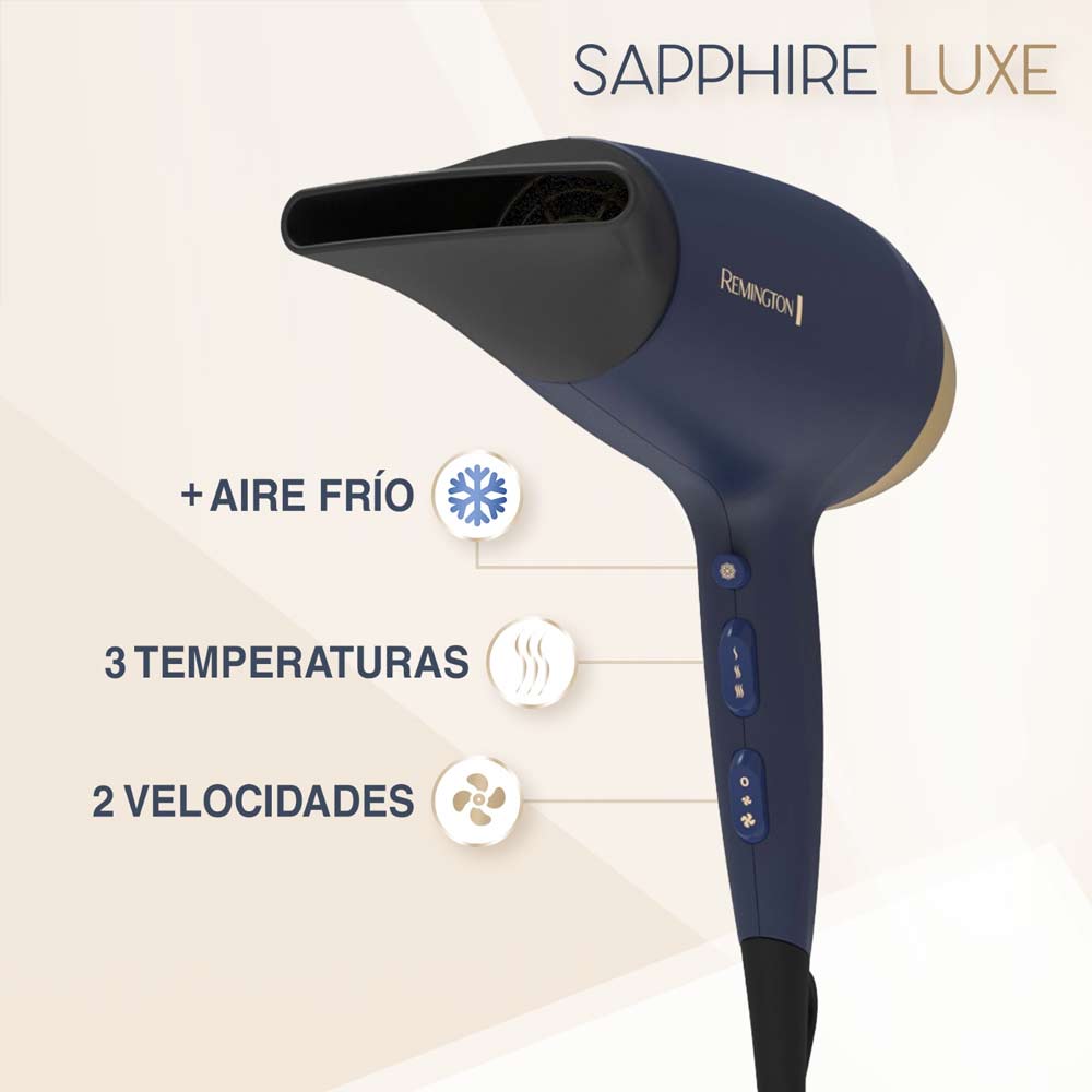 Imagen 2 del producto Secadora de cabello Remington Sapphire Luxe 2200w, 3 niveles temperatura, 2 velocidades, azul