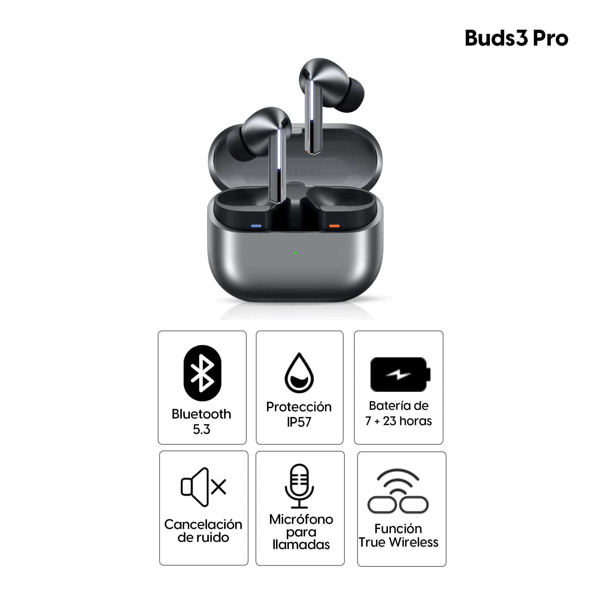 Imagen 2 del producto Audífonos bluetooth True Wireless Samsung Galaxy Buds 3 Pro cancelación de ruido, resistente IP57, duración máx. 30 horas con estuche de carga, gris