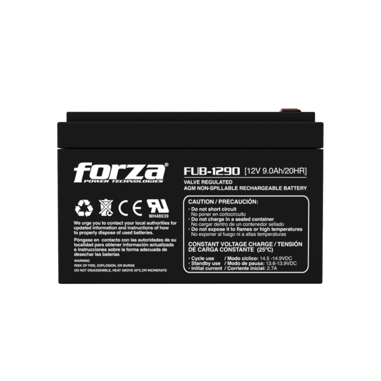 Batería FUB-1290 Forza sellada 12V/9Ah, recargable AGM sin mantenimiento, para UPS