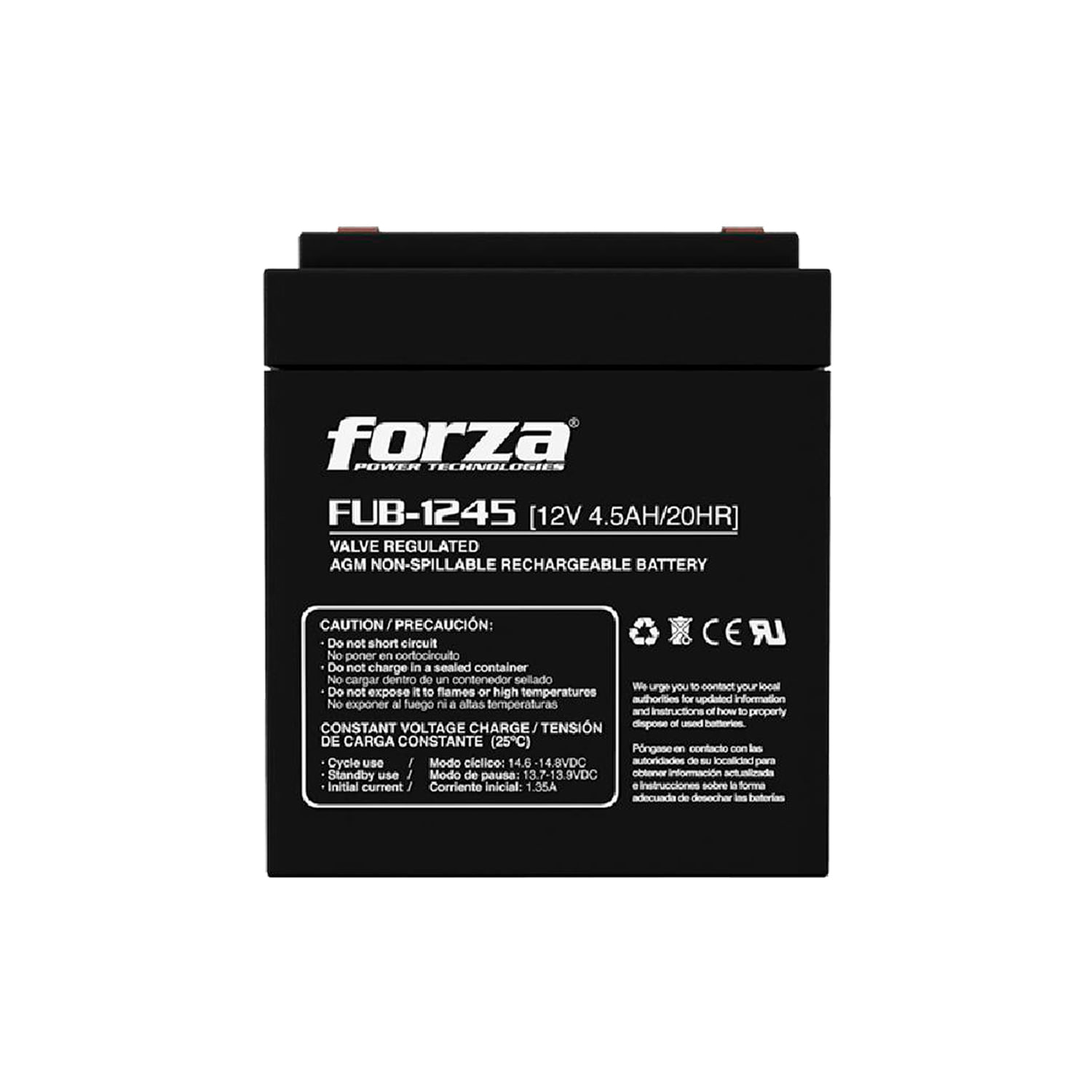 Imagen 1 del producto Batería Forza FUB-1245 sellada 12V/4.5Ah, recargable AGM sin mantenimiento, ideal para UPS