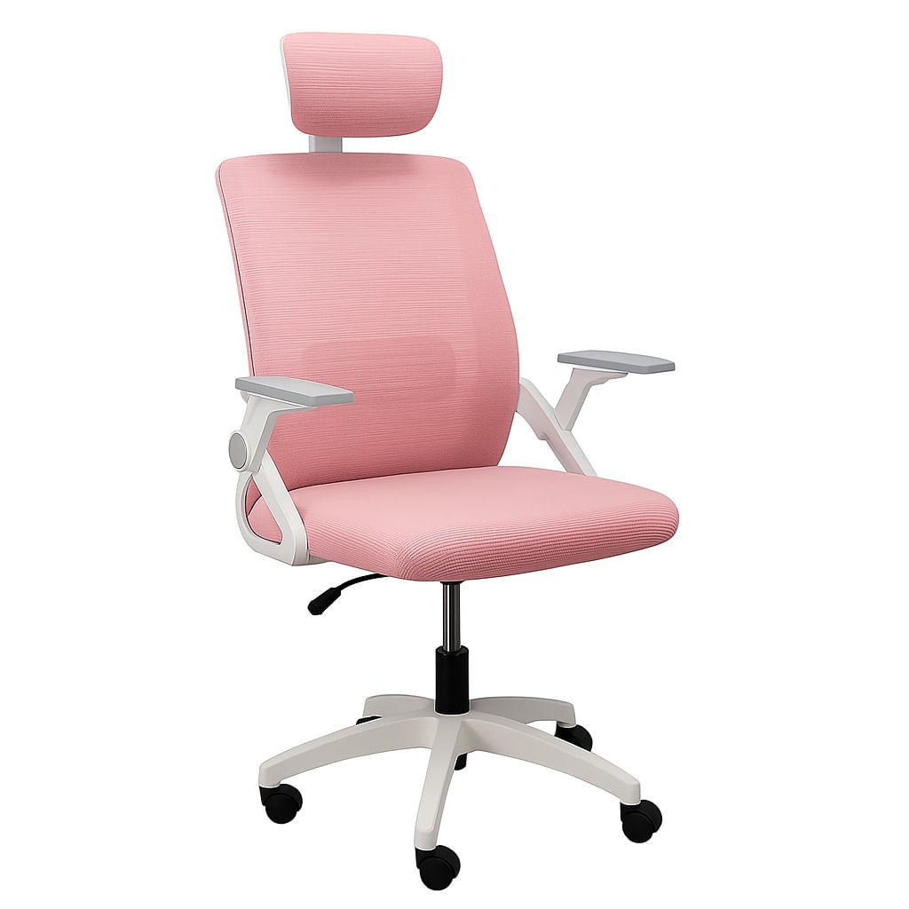 Imagen 1 del producto Silla ergonómica de oficina con cabecera, respaldo en malla regulable, reposabrazos 90° y altura ajustable, rosado