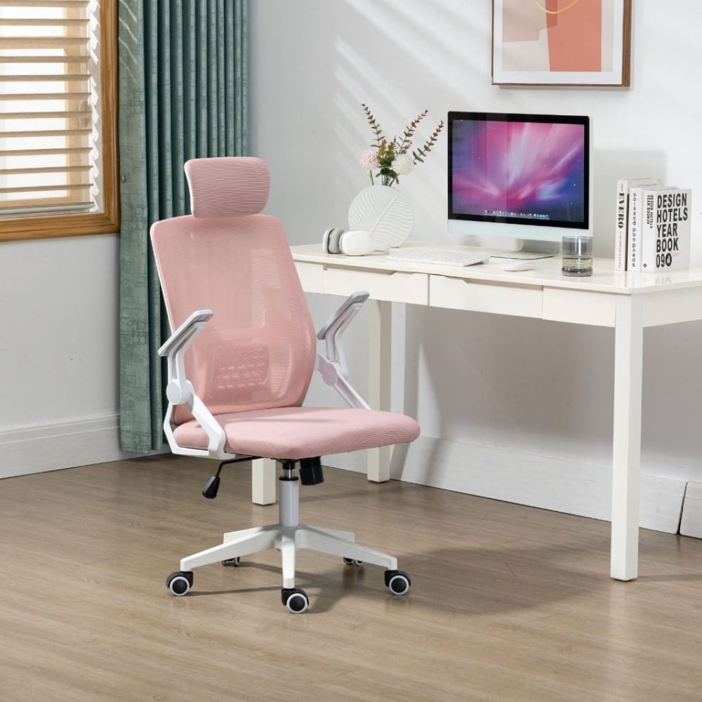 Imagen 2 del producto Silla ergonómica de oficina con cabecera, respaldo en malla regulable, reposabrazos 90° y altura ajustable, rosado