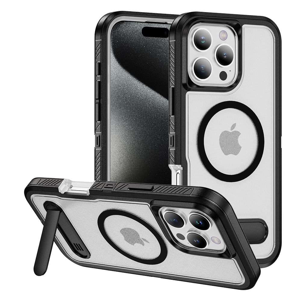 Case iBox para iPhone 16 Pro, Solid 360°, con MagSafe, soporte integrado, máxima, protección contra caídas y rayaduras, negro