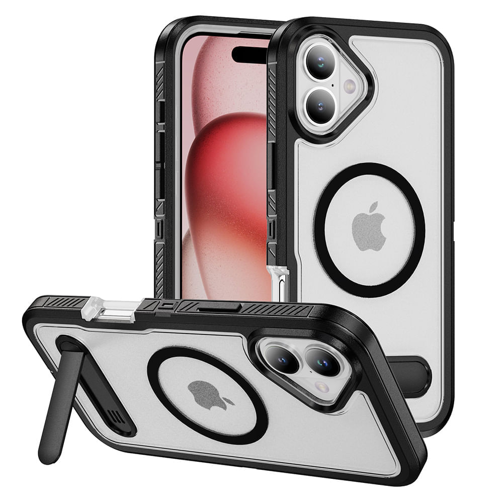 Case iBox para iPhone 16 Plus, Solid 360°, con MagSafe, soporte integrado, protección total contra caídas y rayaduras, negro