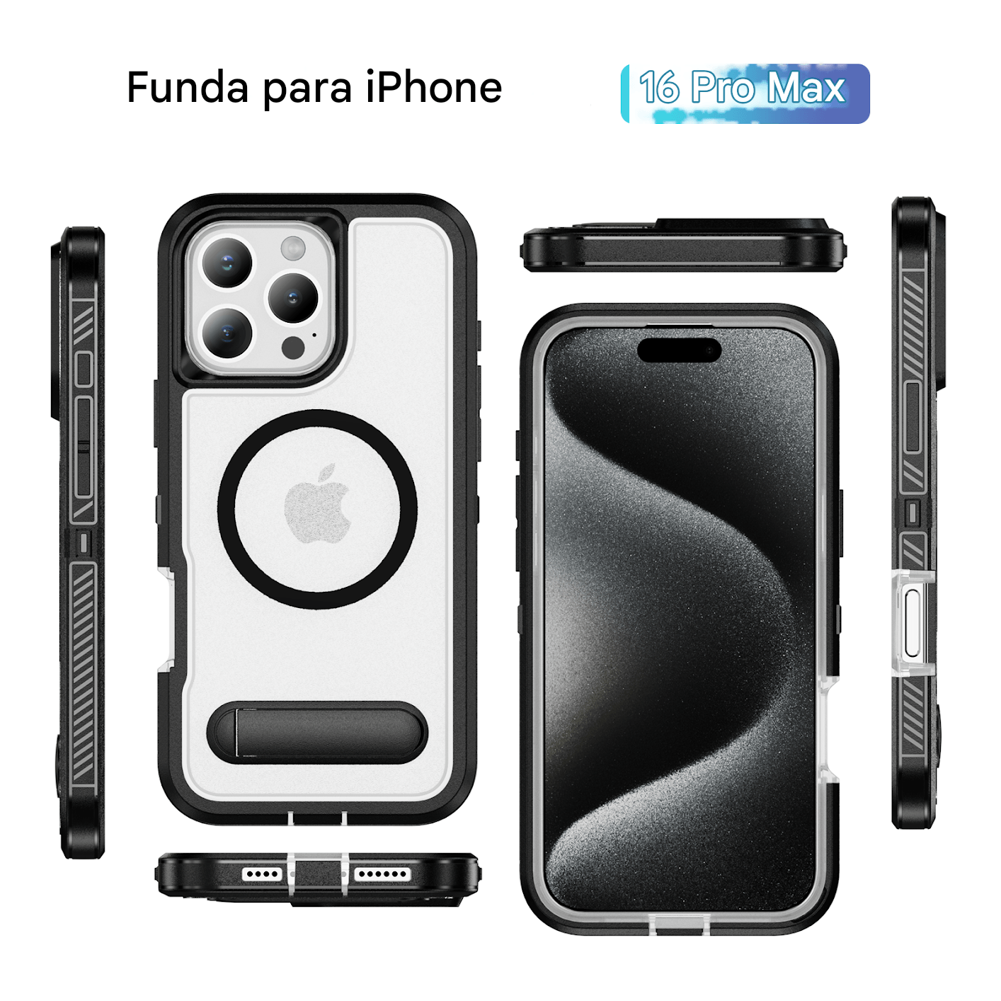 Imagen 2 del producto Case iBox para iPhone 16 Pro Max, Solid 360°, con MagSafe, soporte integrado y protección total contra caídas y rayaduras, color negro
