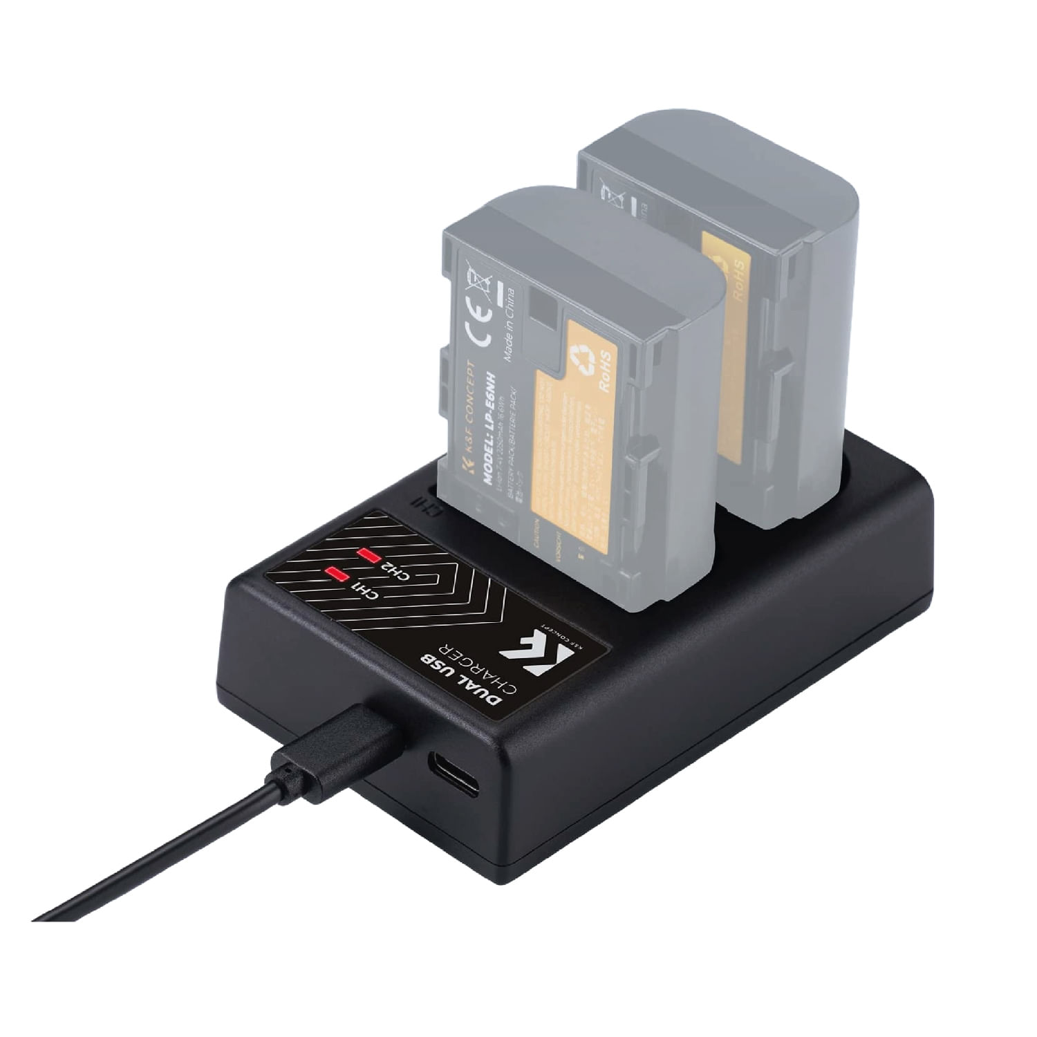 Imagen 2 del producto Cargador K&F Concept KF28.0007, dual-slot, USB-C/Micro-USB, para baterías Canon LP-E6, LP-E6N, LP-E6NH