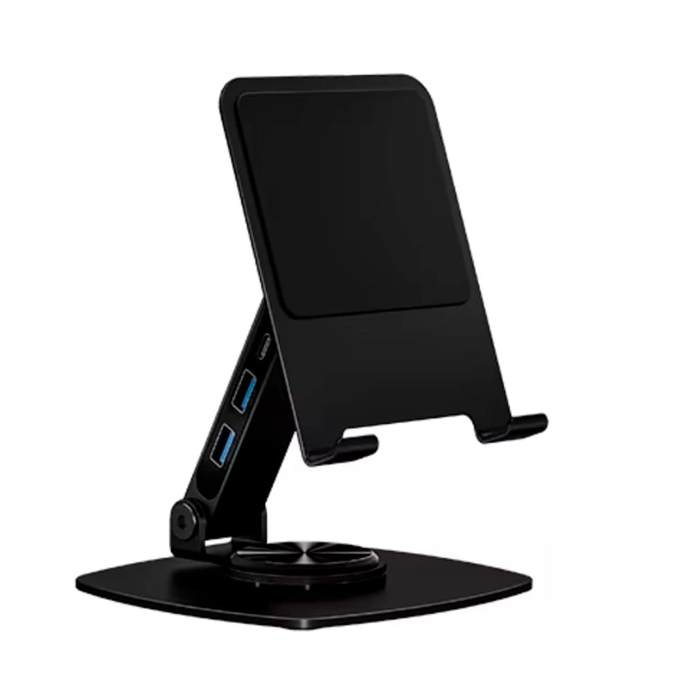 Soporte de tablet y celular, 4 puertos USB, giro 360°, 5"-15", negro