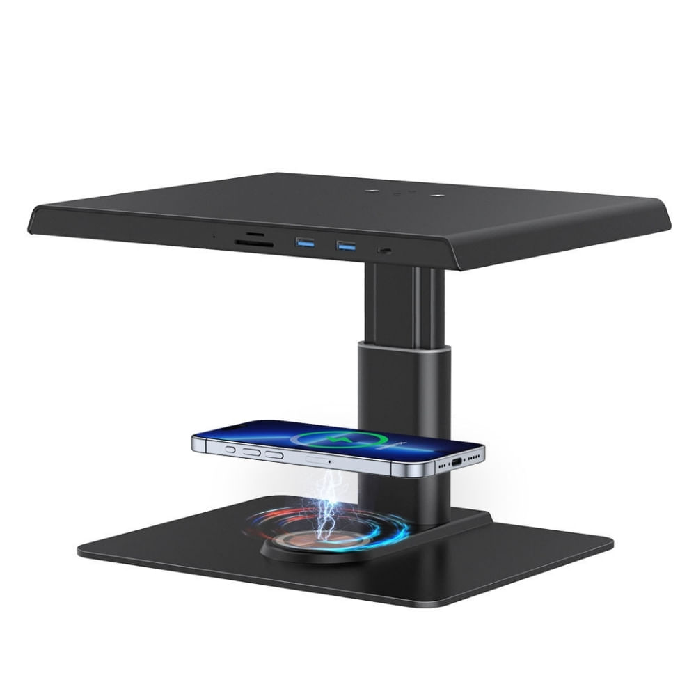 Soporte de monitor, altura ajustable, puertos USB, HDMI, TF/SD, carga inalámbrica, negro