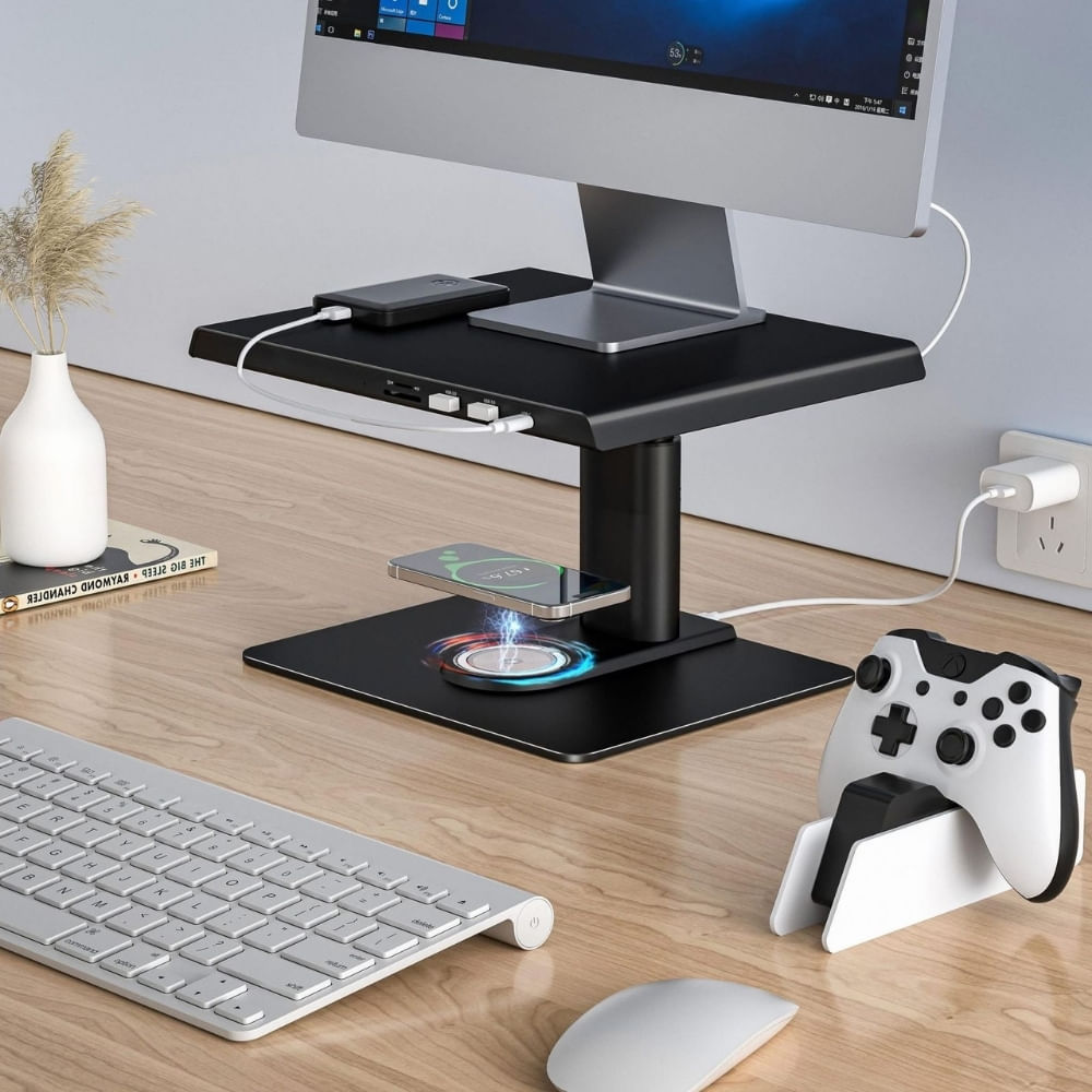 Imagen 2 del producto Soporte de monitor, altura ajustable, puertos USB, HDMI, TF/SD, carga inalámbrica, negro