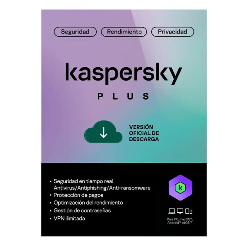 Licencia digital Kaspersky Plus, 1 dispositivo, compatible con Windows 10 y 11, duración 1 año
