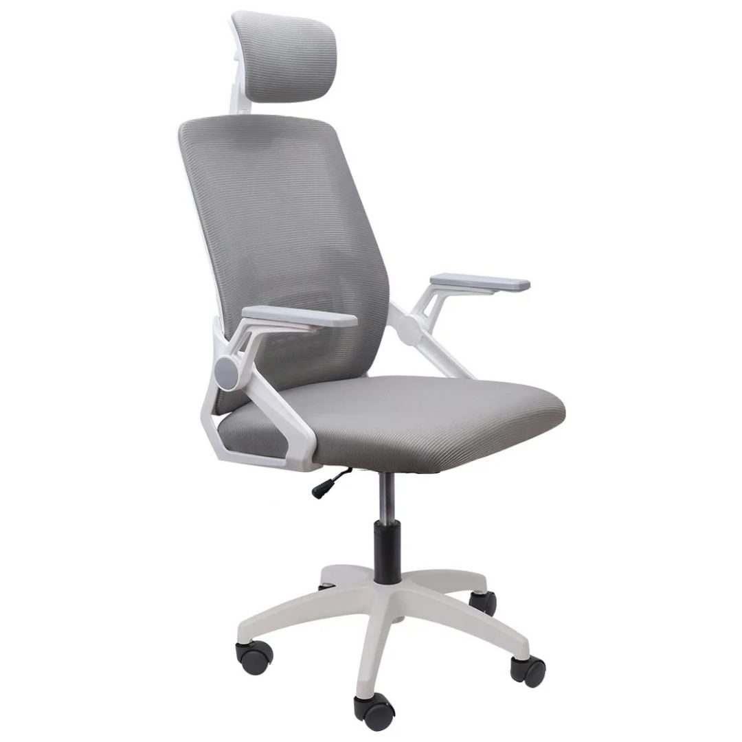 Silla de oficina ergonómica, respaldo de malla, cabecera y brazos ajustables, soporte lumbar, gris