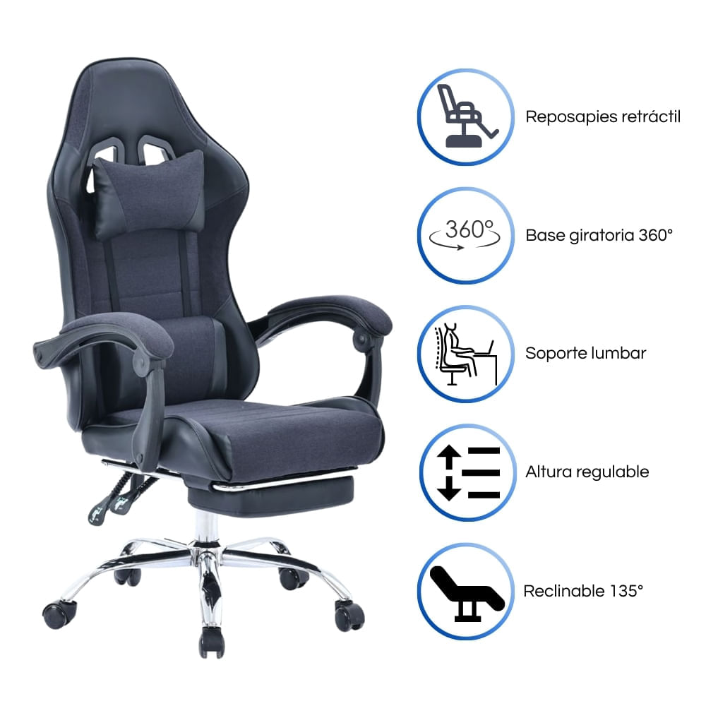 Imagen 2 del producto Silla gamer GC-2221T, reclinable 135°, reposapiés, apoyabrazos acolchados, negro