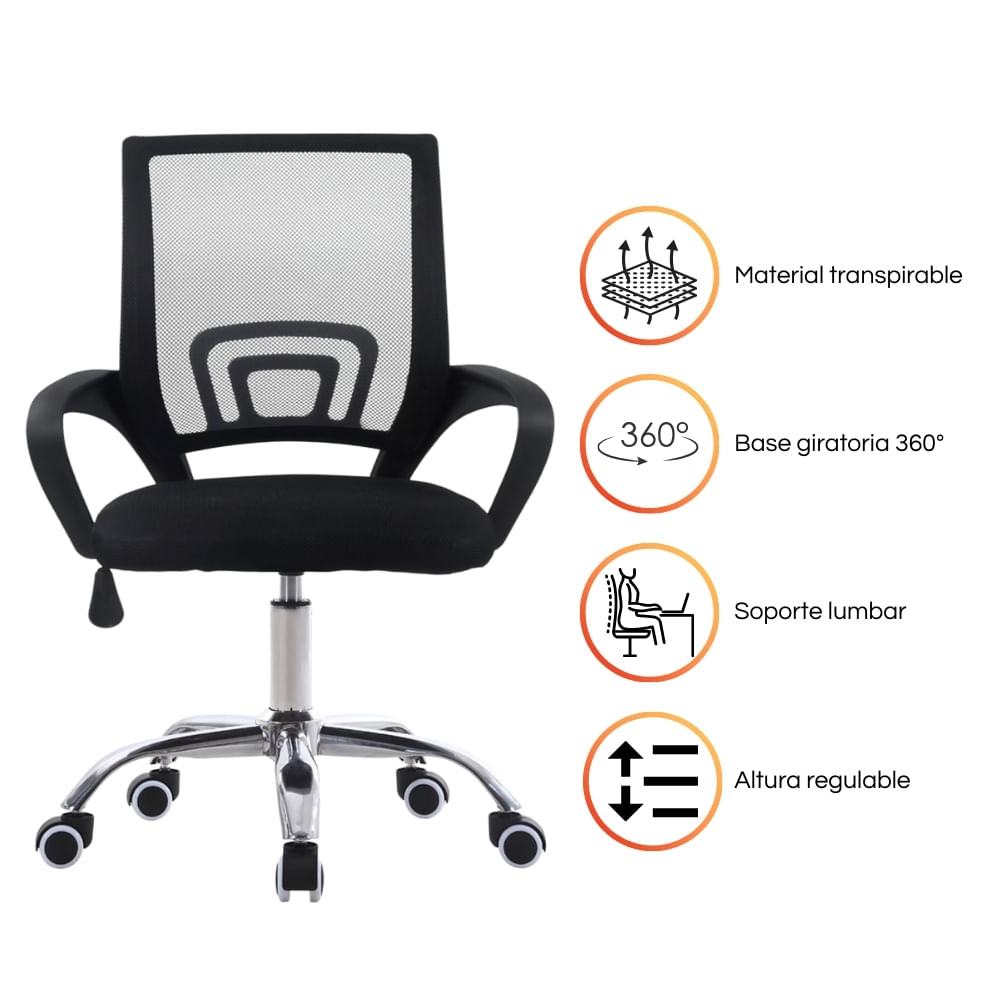 Imagen 2 del producto Silla de escritorio DC-103, ergonómica con soporte lumbar, ajustable y giratoria 360°, negro
