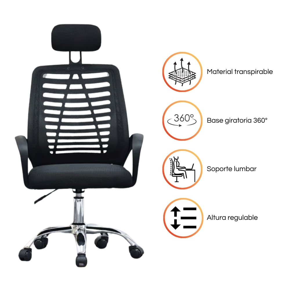 Imagen 2 del producto Silla de escritorio ejecutiva DC-156, ergonómica con ruedas, soporte lumbar, cabecero ajustable, negro
