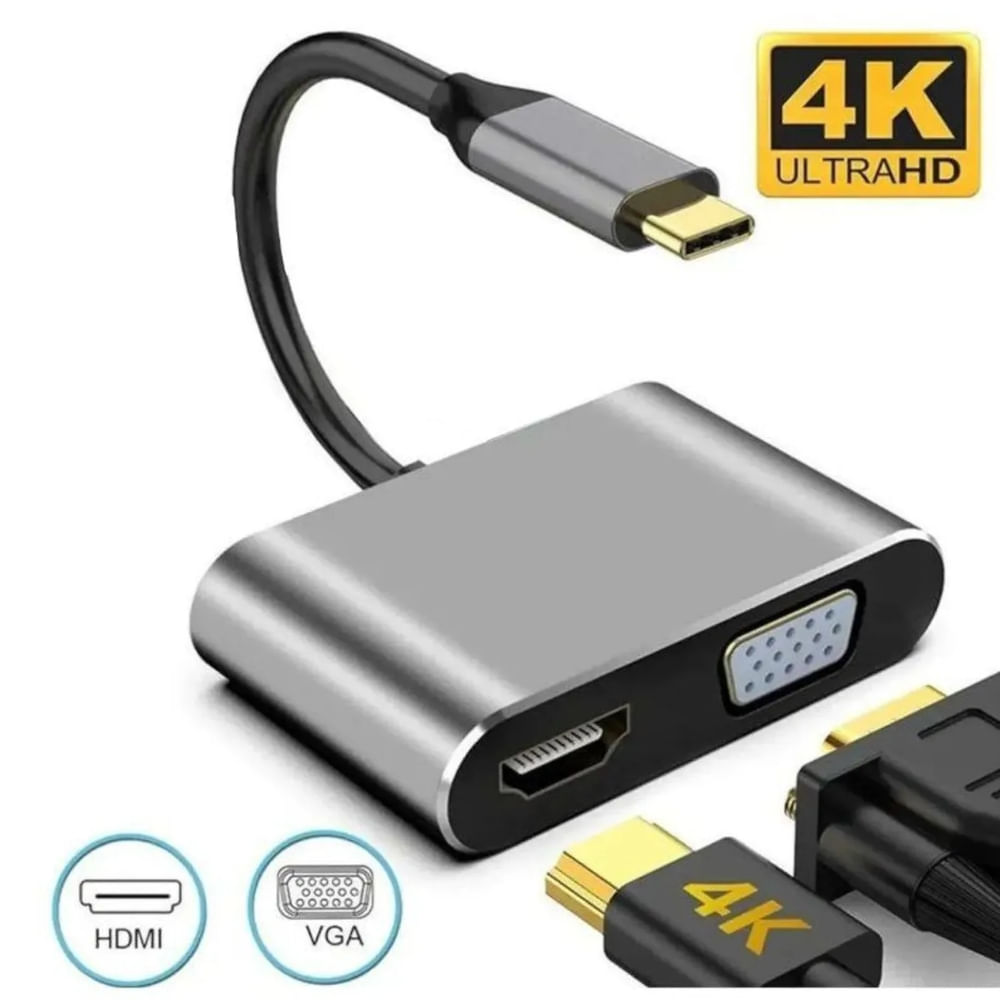 Imagen 2 del producto Adaptador USB-C a HDMI 4K + VGA 2 1080p, Plug & Play, compatible con laptops, tablets y smartphones
