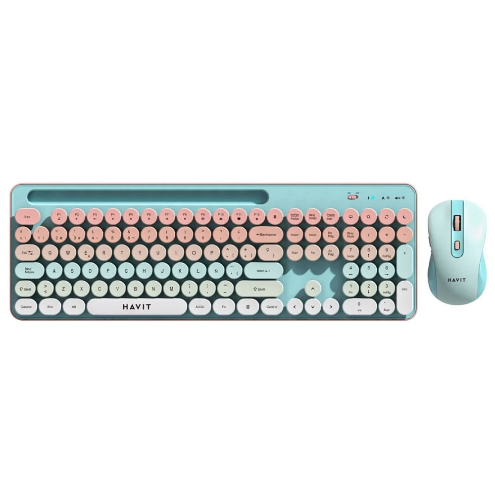 Combo: Teclado Havit 110 teclas y mouse 6 botones inalámbrico 2.4GHz, compatible con Windows, celeste