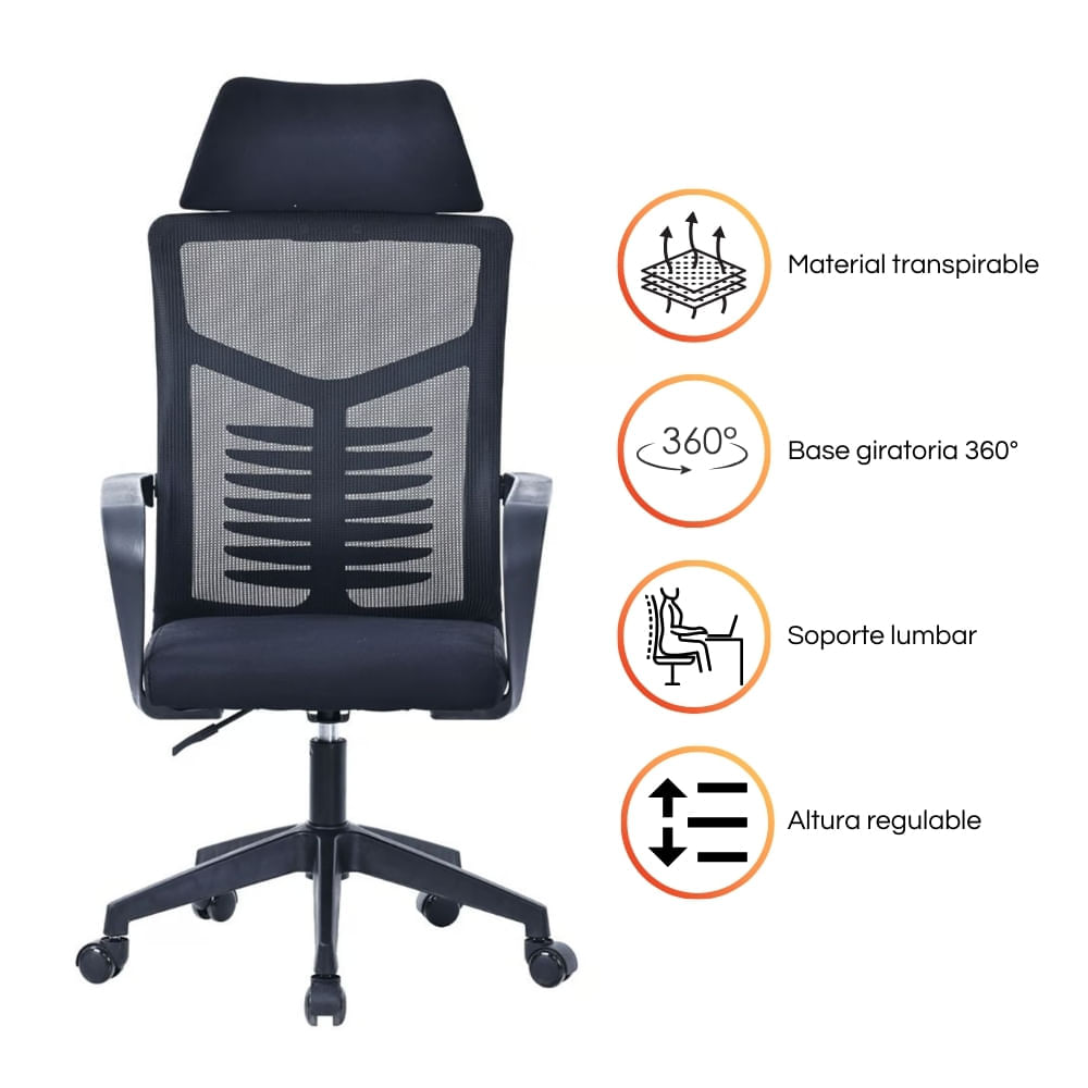 Imagen 2 del producto Silla oficina ergonómica DC-248, soporte lumbar, reposacabezas, apoyabrazos, altura ajustable, negro