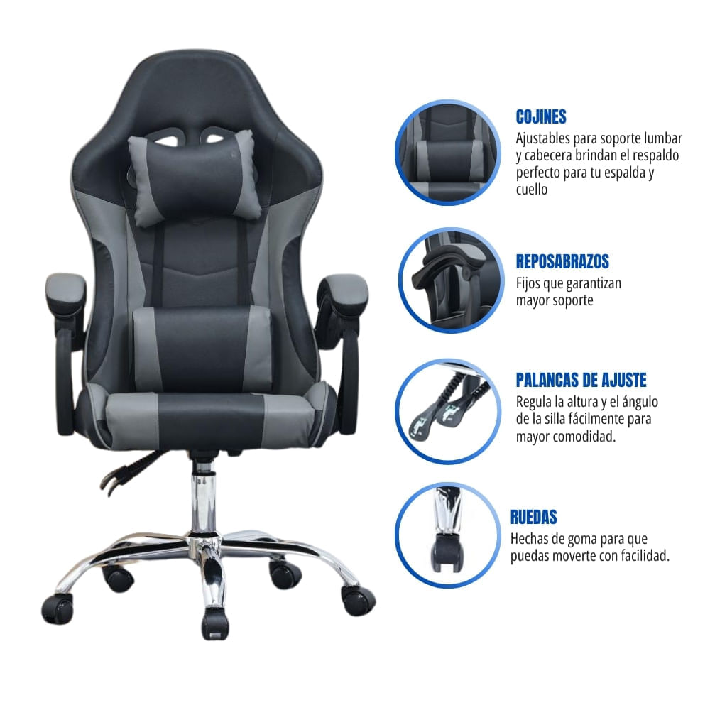 Imagen 2 del producto Silla gamer reclinable GC-2223, ergonómica, respaldo hasta 135°, asiento amplio, apoyabrazos acolchados, negro