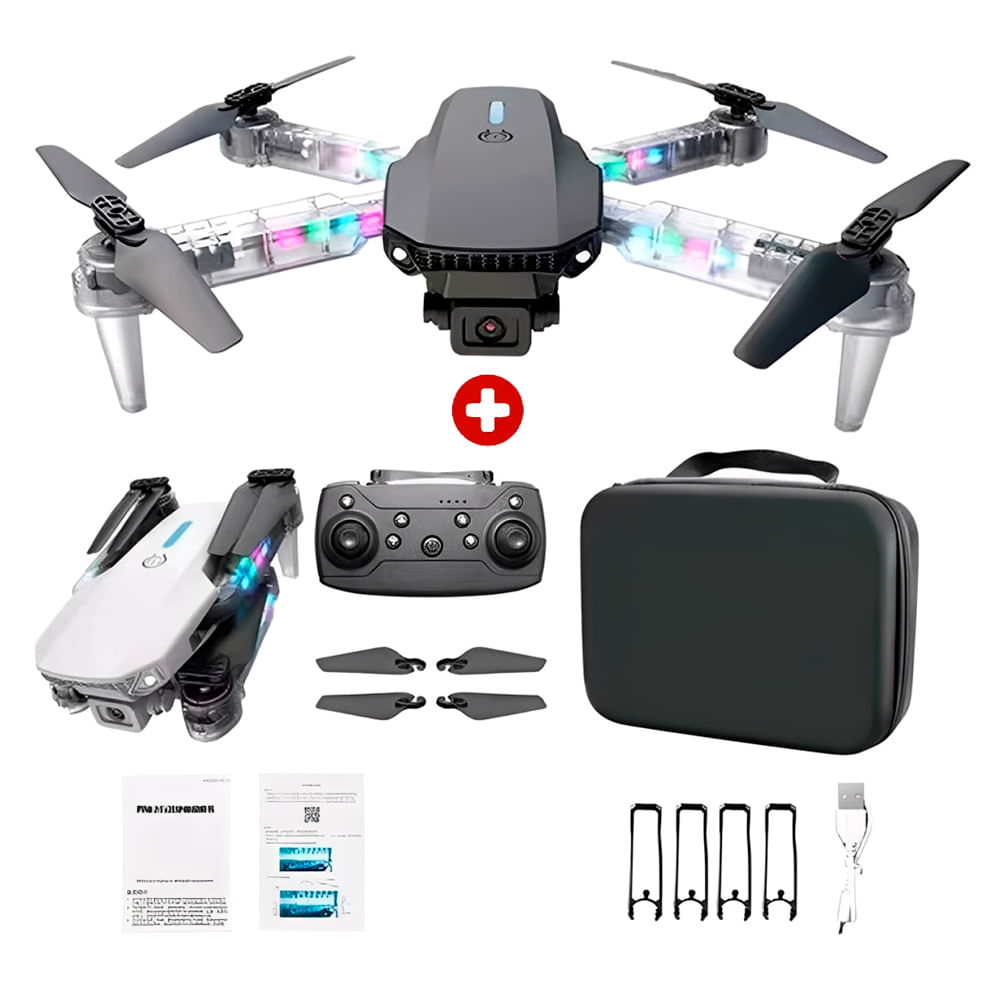 Drones E88D MAX Plegable, doble cámara HD, luz RGB, Wi-Fi, retorno automático, 15 min vuelo, estuche y repuestos, negro