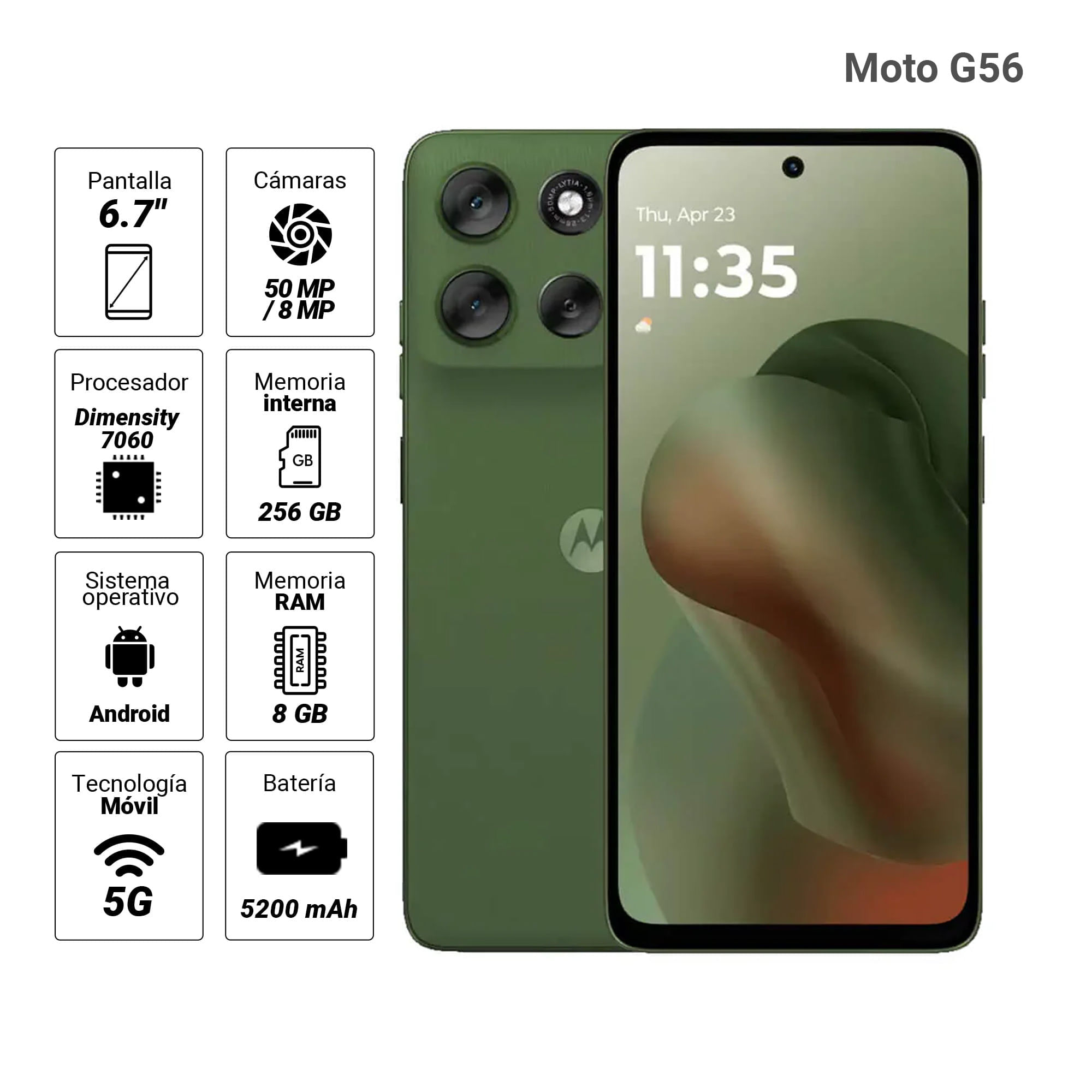 Imagen 2 del producto Celular Motorola G56 6.7"", 8GB RAM, 256GB, cámara principal 50MP + 8MP, frontal 32MP, verde