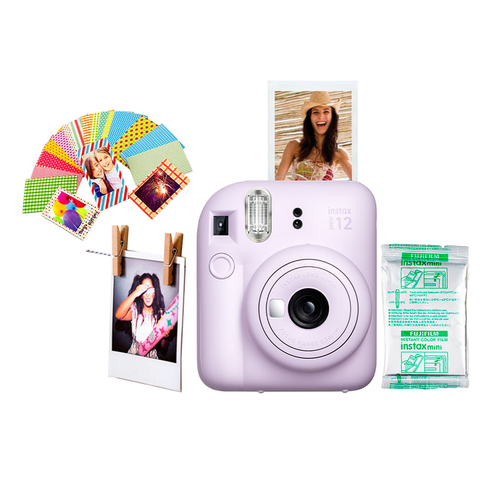 Cámara Instax Fujifilm Mini 12 lila morado + Kit regalo + Pack 10, instantánea con modo selfie, flash automático y diseño compacto