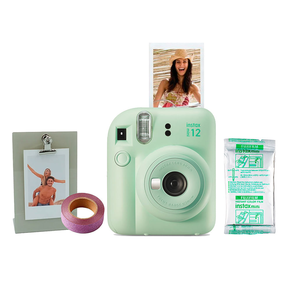 Cámara Instax Fujifilm Mini 12 menta verde + Kit regalo + Pack 10, instantánea con modo selfie, flash automático y diseño compacto