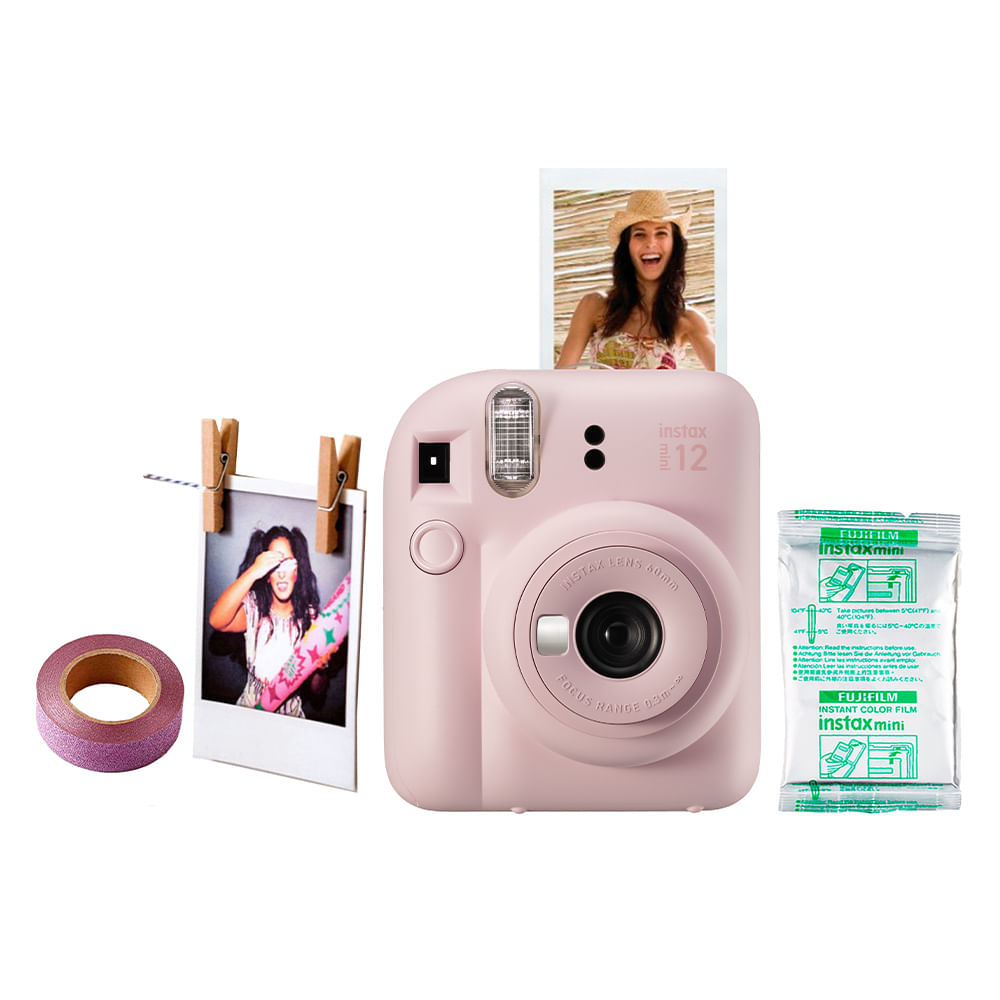 Cámara Instax Fujifilm Mini 12 rosa flor + Kit regalo + Pack 10, instantánea con modo selfie, flash automático y diseño compacto