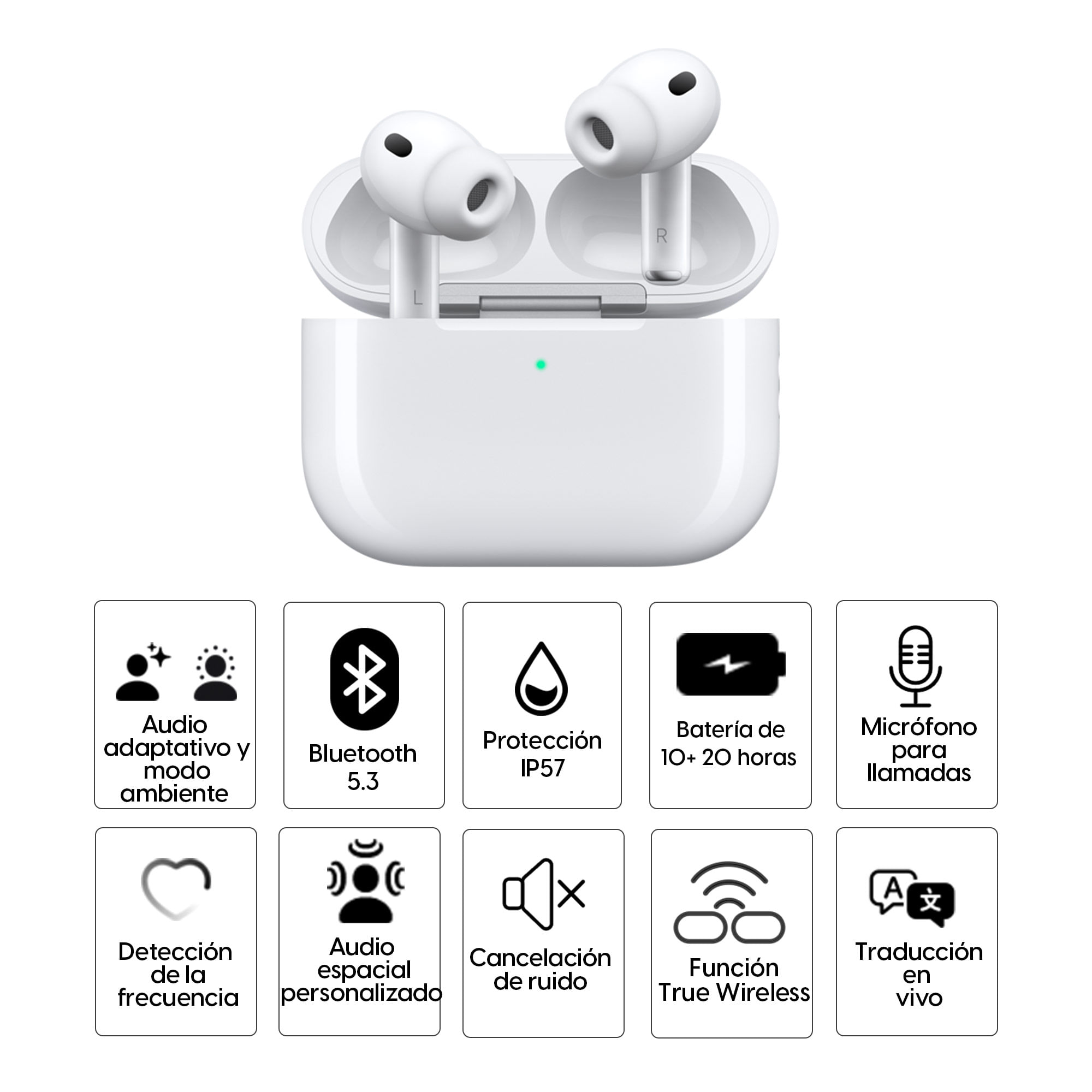 Imagen 2 del producto Audífonos bluetooth True Wireless Apple AirPods Pro 3ra Gen, cancelación de ruido, resistente al agua IP57, duración máx. 30 horas con estuche, blanco