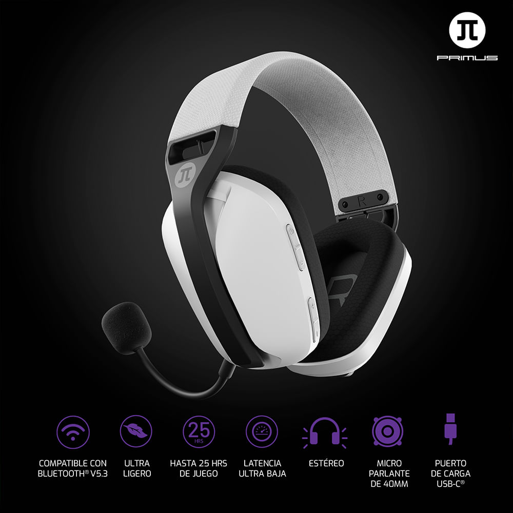 Imagen 2 del producto Audífono gamer Primus Arcus360BT inalámbrico 2.4GHz/Bluetooth, 30mW, micrófono removible, batería 16 horas, blanco